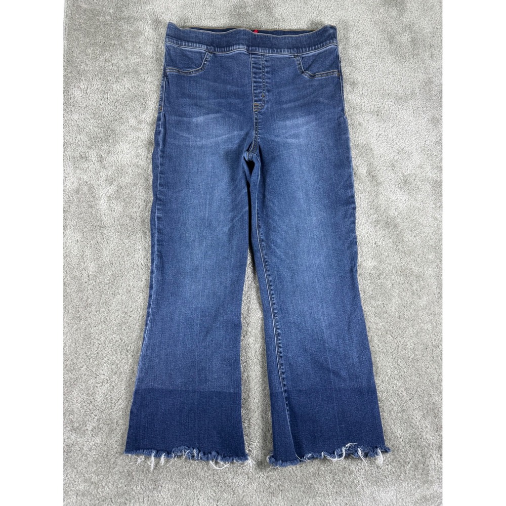 Spanx Flare Jeans Medium Wash Raw Hem Pull On Denim XL Tummy Control High Rise